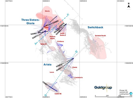 Arista Mine Plan View - 2026 Drill Holes through July 31, 2026, with Selected 2025-2026 Results Highlighted