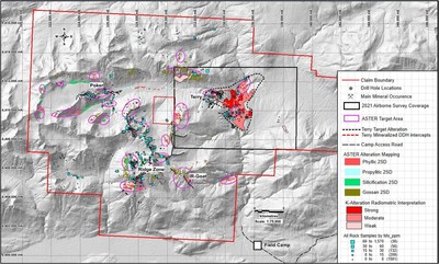 Figure 4: Gray scale DEM backdrop, large K-enrichment area immediately southeast of the Terry porphyry Cu-Au discovery ASTER target area and rock sample geochemistry Mo ppm (CNW Group/Libero Copper & Gold Corporation.)