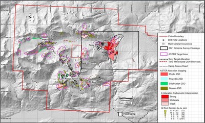 Figure 3: Gray scale DEM backdrop, large K-enrichment area immediately southeast of the Terry porphyry Cu-Au discovery ASTER target area and rock sample geochemistry Au ppm (CNW Group/Libero Copper & Gold Corporation.)