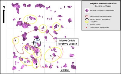 Figure 6: Magnetic inversion vector model 3D radial symmetric isosurface intrusions (porphyries), with de-magnetized zone and target areas (CNW Group/Libero Copper & Gold Corporation.)