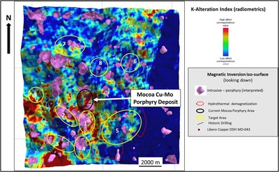 Figure 9: Magnetic inversion vector model 3D radial symmetric isosurface intrusions (porphyries), with draped K alteration index, de-magnetized zone and target areas (CNW Group/Libero Copper & Gold Corporation.)