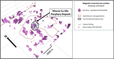 Figure 5: Magnetic inversion vector model 3D radial symmetric isosurface intrusions (porphyries), with de-magnetized zone (CNW Group/Libero Copper & Gold Corporation.)