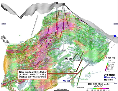 Figure 3. Cross-section along hole MD-065 (section width of 100 metres), showing the 2026 MRE block model and the Cu and Mo grades intercepted. MD-065 was drilled from the La Estrella target into the southeastern margin of the Mocoa system, with mineralization strengthening at depth and remaining open toward the higher-grade core, supporting the interpreted continuity of the Mocoa – La Estrella corridor. Kick-off (KO) points for directional daughter holes are indicated.