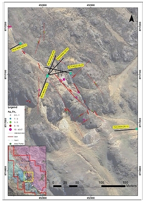 Figure 1 – Plan map: Madre Sierra Norte drill hole locations, seven drill holes on surface (left map) and two drill holes from underground (right map) Figure 1 – Plan map: Madre Sierra Norte drill hole locations, seven drill holes on surface (left map) and two drill holes from underground (right map)