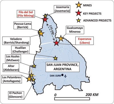 Figure 1: Distribution of major exploration and mining projects in San Juan Province, Argentina (CNW Group/Libero Copper & Gold Corporation.)