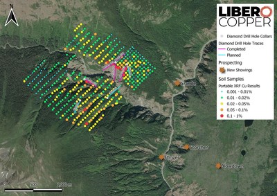 Figure 1: Plan map illustrating the soil sample results and the status of the 2021 drill program on the Terry Target. Drilling in 2020 discovered porphyry copper mineralization in the Limpoke Cliff area, location of holes BR-21-28 to 30. (CNW Group/Libero Copper & Gold Corporation.)