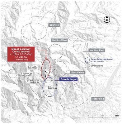 Figure 5. Plan view of the Mocoa porphyry Cu-Mo deposit and surrounding exploration targets. Black dots represent drill pads. The location of historical hole M14, where the Western Breccia was first recognized, is also shown. (CNW Group/COPPER GIANT RESOURCES CORP.)