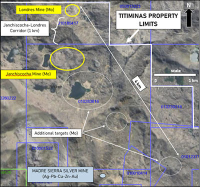 FIGURE 1 - Location map showing the Janchiscocha and Londres targets, the ~1 km connecting corridor, and the approximately 4 km molybdenum trend within the Titiminas concession block. FIGURE 1 - Location map showing the Janchiscocha and Londres targets, the ~1 km connecting corridor, and the approximately 4 km molybdenum trend within the Titiminas concession block.