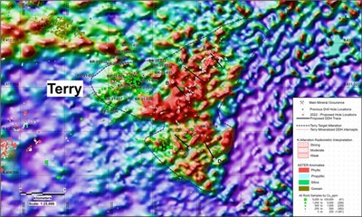 Figure 2: K/Th ratio map (2021 radiometric survey data), strong potassic alteration immediately southeast of the Terry porphyry Cu-Au discovery. with 2022 proposed drill hole locations (CNW Group/Libero Copper & Gold Corporation.)
