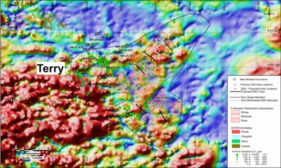Figure 3: Reduced to pole analytical signal magnetics map, with high potassic signature outline and 2022 proposed drill hole locations (CNW Group/Libero Copper & Gold Corporation.)