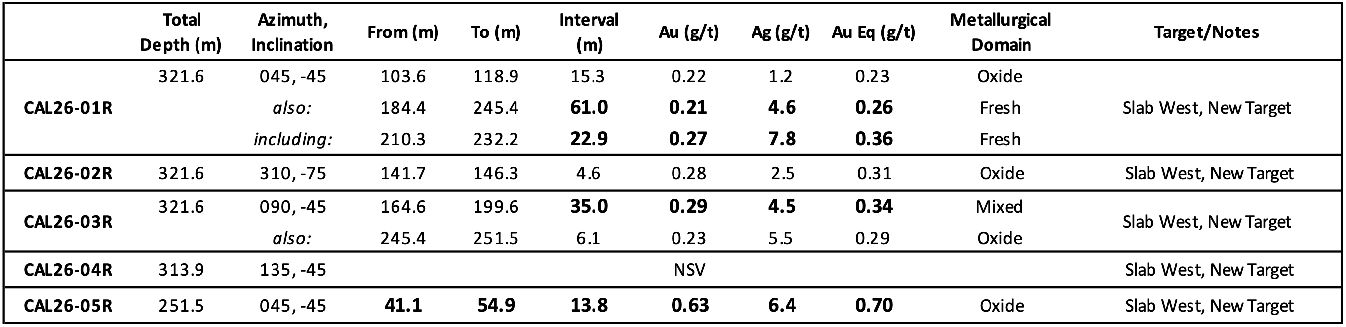 Drill Hole Results Table 1