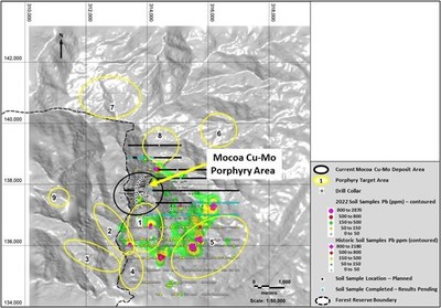 Figure 5: Soil sample geochemical results for Pb and target areas (CNW Group/Libero Copper & Gold Corporation.)