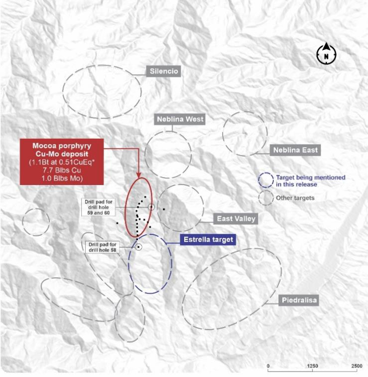 Plan view of the exploration targets and the Mocoa porphyry Cu-Mo deposit