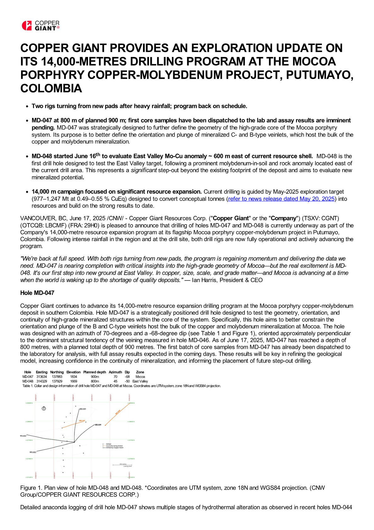 Plan view showing drill hole locations MD-047 and MD-048