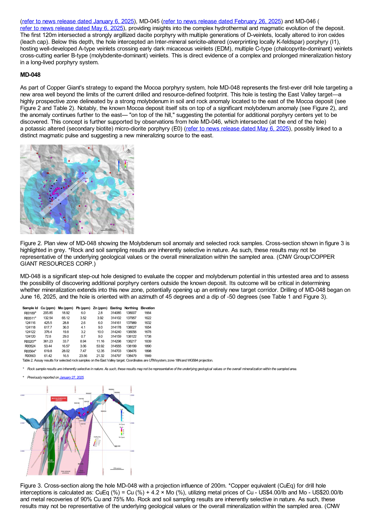 Plan view of MD-048 showing the Molybdenum soil anomaly with contour lines in blue and selected rock sample locations
